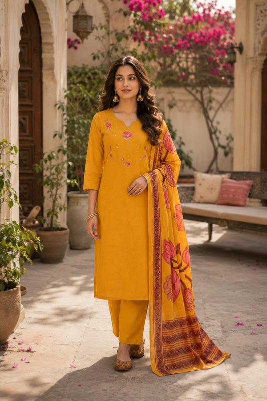 Cotton Lotus Work Kurta Set_KE-0211-02