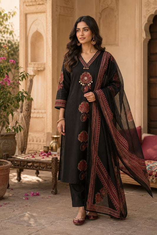 Printed Cotton Handwork Kurta Set_KE-0211-12