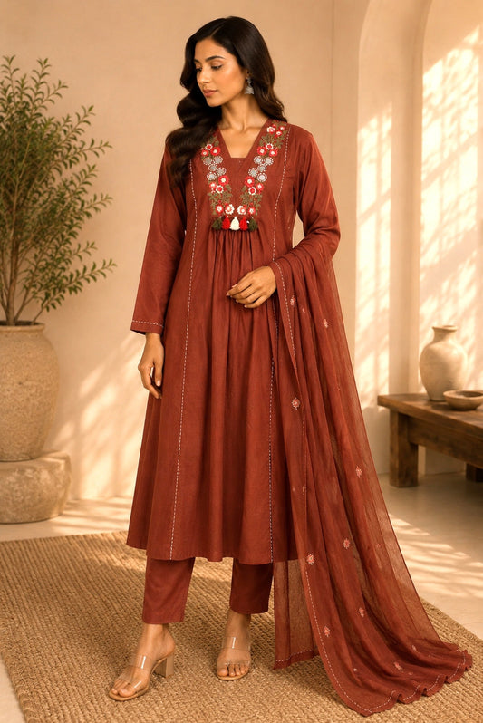 Embroidery Cotton A-Line Kurta Set_KE-0211-15