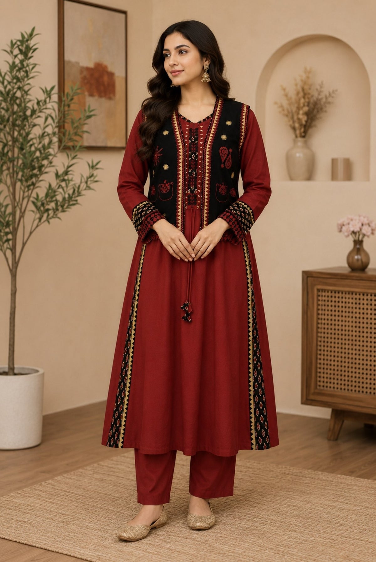 Embroidery Cotton Co-ord Set with Jacket_KE-0211-60