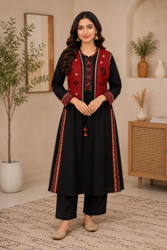 Embroidery Cotton Co-ord Set with Jacket_KE-0211-61